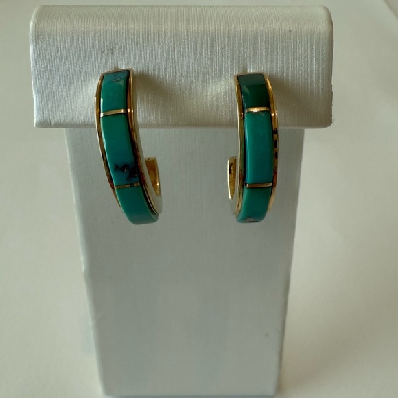 Jewelry - Tony Sanchez Handmade 14K Gold & Turquoise Inlay Huggie Earrings